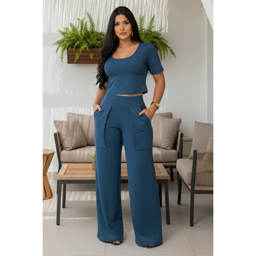 Conjunto Feminino Calça Pantalona E Cropped Elegante Tecido Com Lycra em Oferta na Shopee