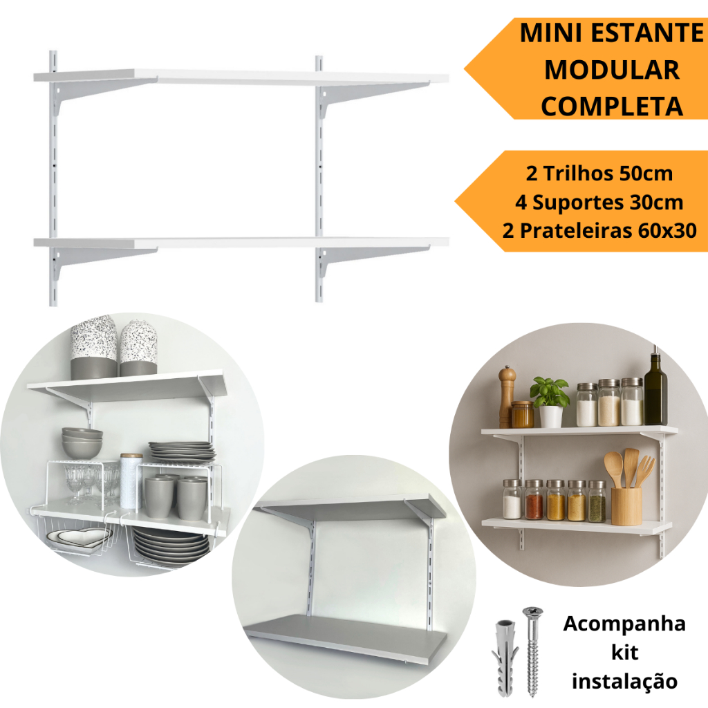 Kit Estante Modular Aço MDF 60x30cm Conjunto Modular Parede Closet Prateleira