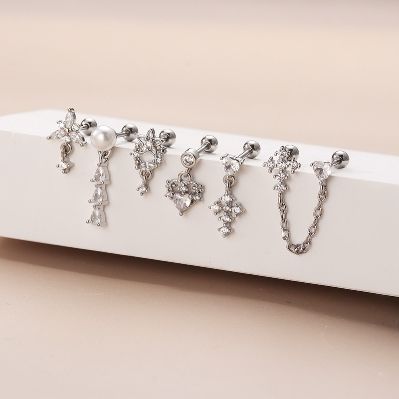 Novos piercing de Zirconia com rosca aço inoxidável Orelha Helix conch cartilagem modelo cruz perola coracao