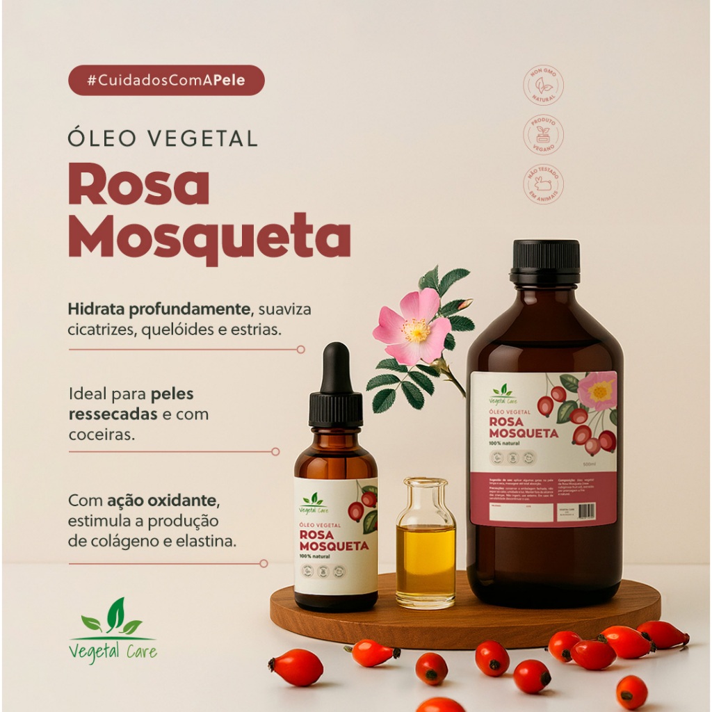 Óleo de Rosa Mosqueta 100% Puro e Natural Prensado a Frio 500ml clareador de manchas
