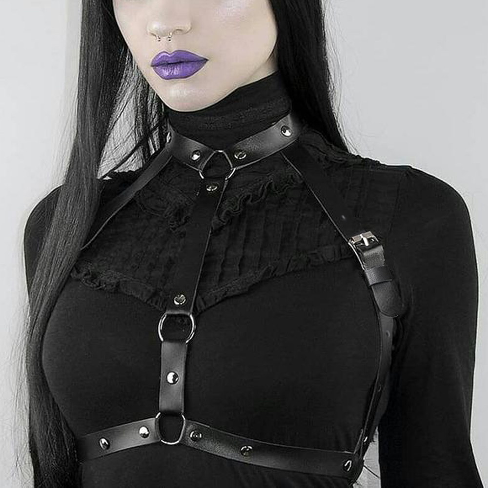Cinto Harness Ajustável em Couro PU Sexy Corpete Espartilho  Estilo Cosplay Moda Arnês Peito Feminino Punk Rock Gótico