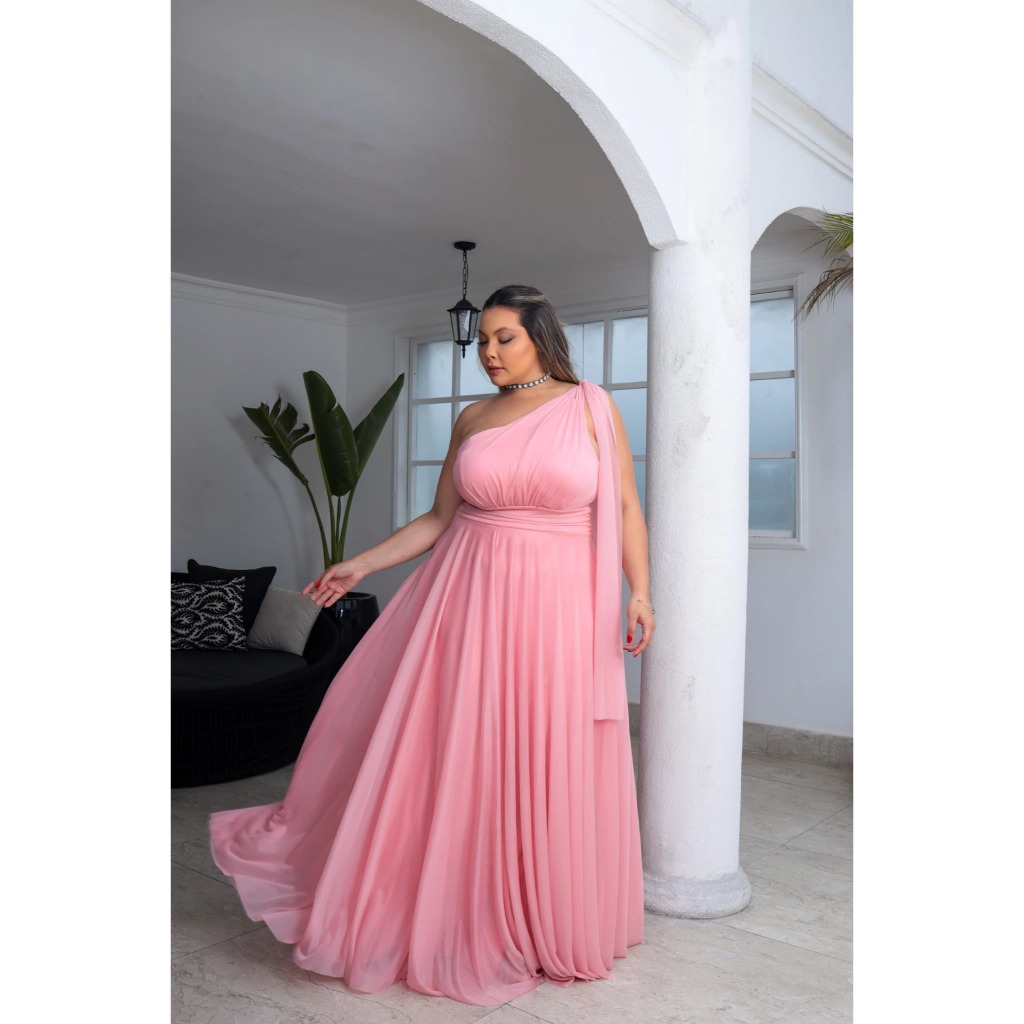 Vestido Lorena Plus Size todo em tule sem brilho, um ombro só bem rodado não marca barriga para Madrinhas de casamento