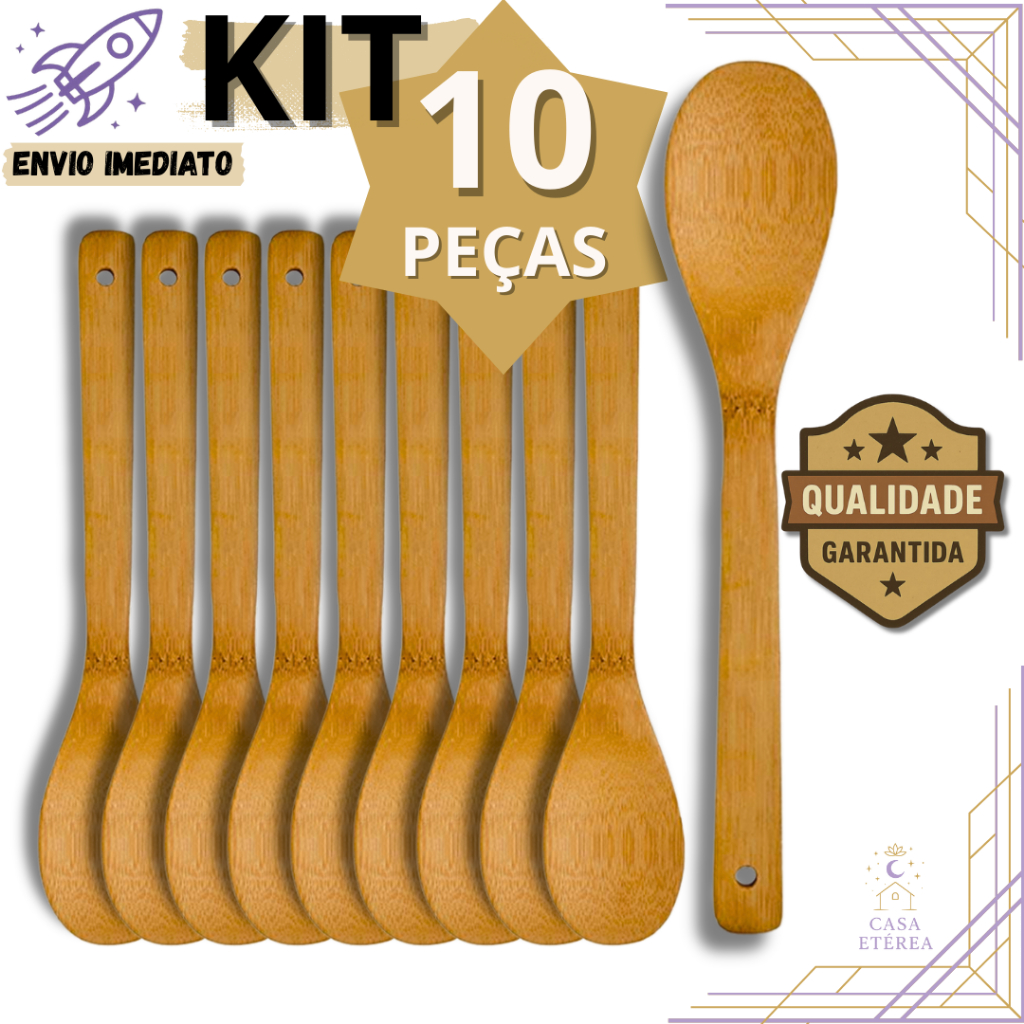 Kit 10 Colher de Bambu 30cm Utensílio de Cozinha Multiuso em Madeira Bamboo para Casa e Restaurante