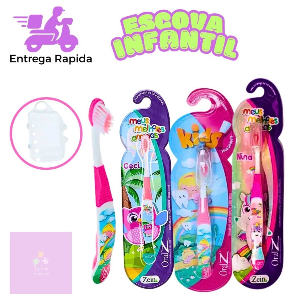 Kit 3 Escovas Dental Infantil Para Meninas Com Cerdas Macias Capinha Protetora Tema Fofo em Oferta na Shopee