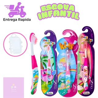 Kit 3 Escovas Dental Infantil Para Meninas Com Cerdas Macias Capinha Protetora Tema Fofo em Oferta na Shopee
