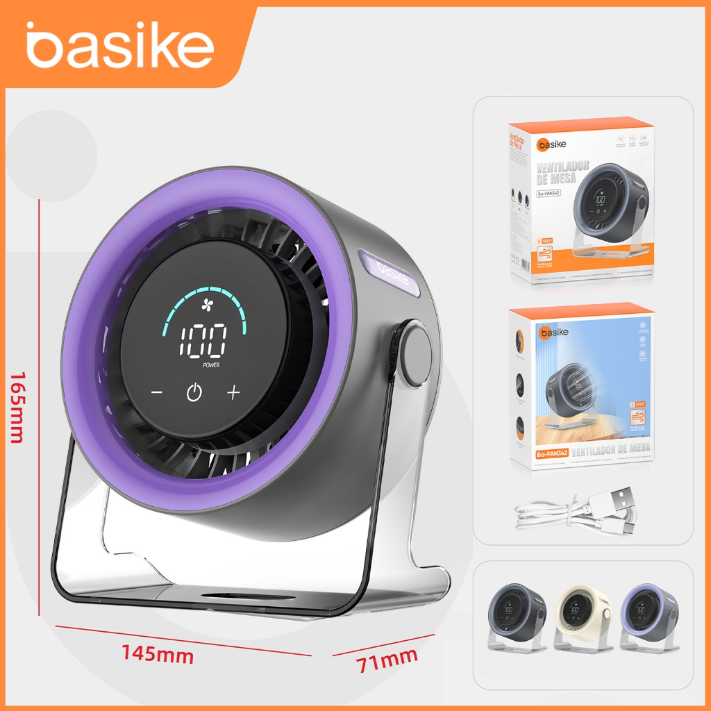 BASIKE Ventilador Mesa 100 Níveis Display Digital 5000mAh Bateria 7H Silencioso 30dB USB