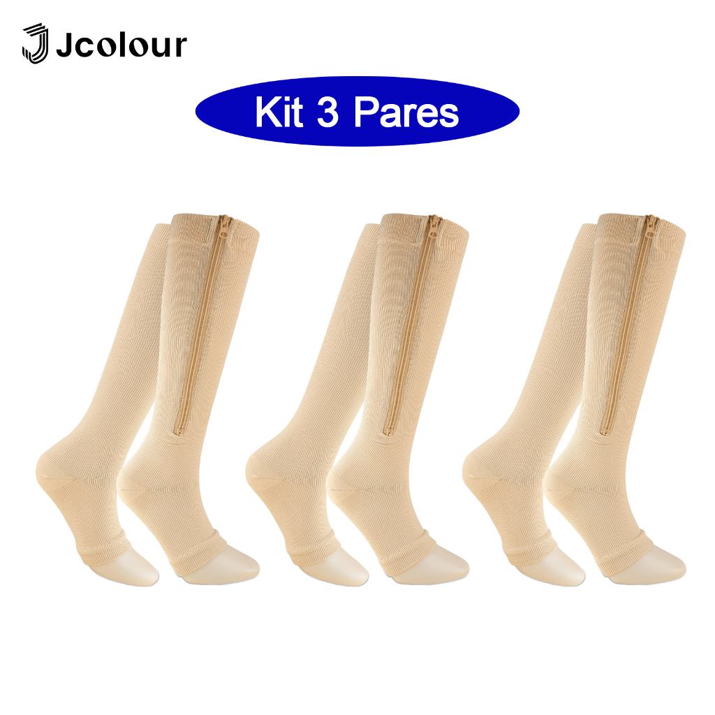 Jcolour Kit 3 Pares Meia Média Compressão Varizes Pernas Cansadas Inchaço Dores 3/4 Zíper 20-30 Mmhg em Oferta na Shopee