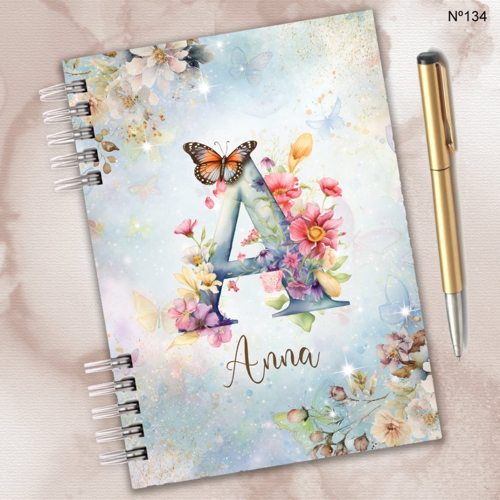 Agenda 2027 Personalizada Alfabeto Floral Borboletas – Capa Dura - Miolo decorado e com divisórias