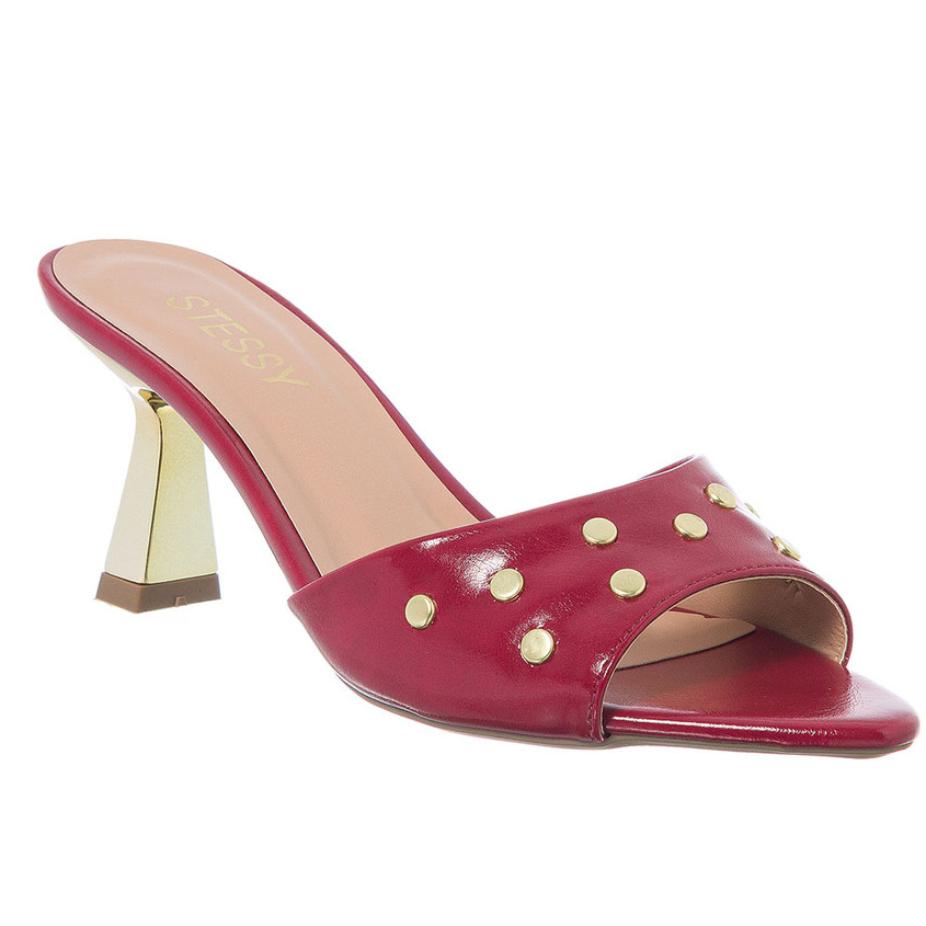 Tamanco Feminino Bico Folha Tachas Salto Alto Taça Cromado Stessy Mule Confortáv