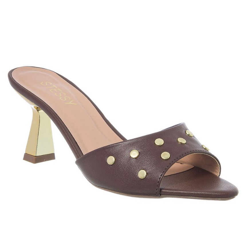 Tamanco Feminino Stessy Bico Folha Tachas Salto Alto Taça Metalizado Conforto Luxo Mulher Moderno em Oferta na Shopee