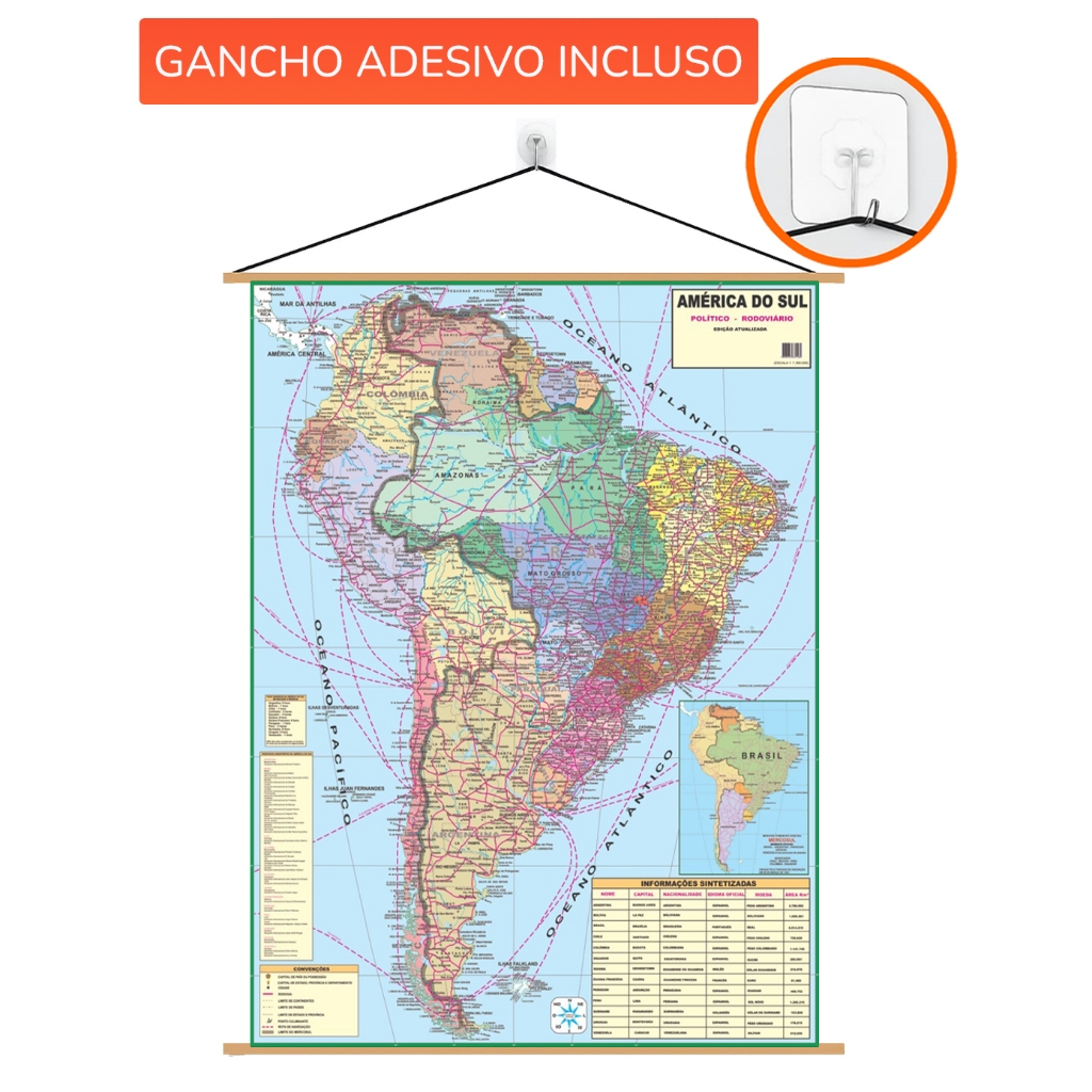 Mapa  América do Sul Banner + Gancho Autocolante Pronto Para Pendurar em Oferta na Shopee