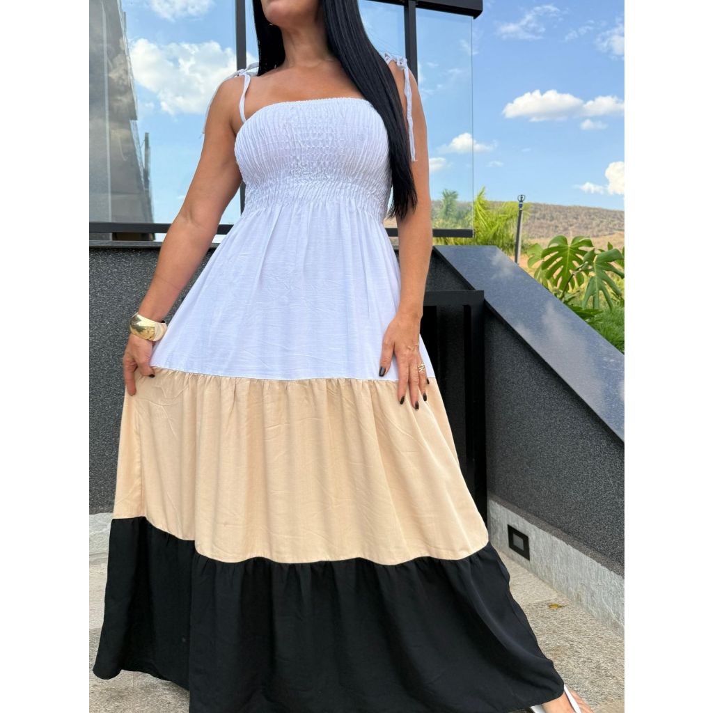 Vestido lançamento Longo alças lastex babado Vestido Longo Festa Vestido Longo 3 marias Praia Plus Tendência verão Praia