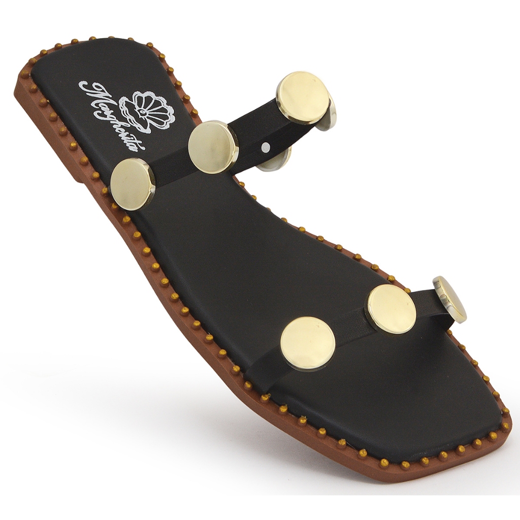 Sandália Feminina Rasteira Adulta Confortável Leve Tira dupla Com Tachas Douradas Elegante Dia a dia Casual