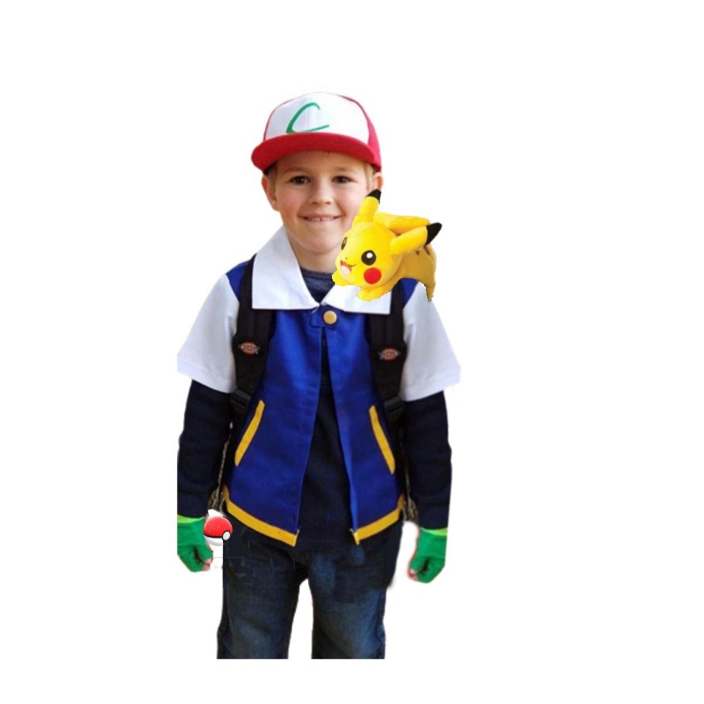 Fantasia Ash Pokemon Treinador Cosplay Pikachu Infantil Criança Festa Colete + Boné + Luva em Oferta na Shopee