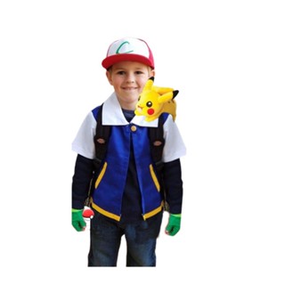 Fantasia Ash Pokemon Treinador Cosplay Pikachu Infantil Criança Festa Colete + Boné + Luva em Oferta na Shopee