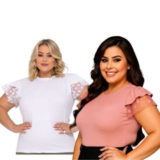 Kit 2 Blusa Feminina Canelada Luxo Com Renda Curve Plus Size Manga Curta em Oferta na Shopee