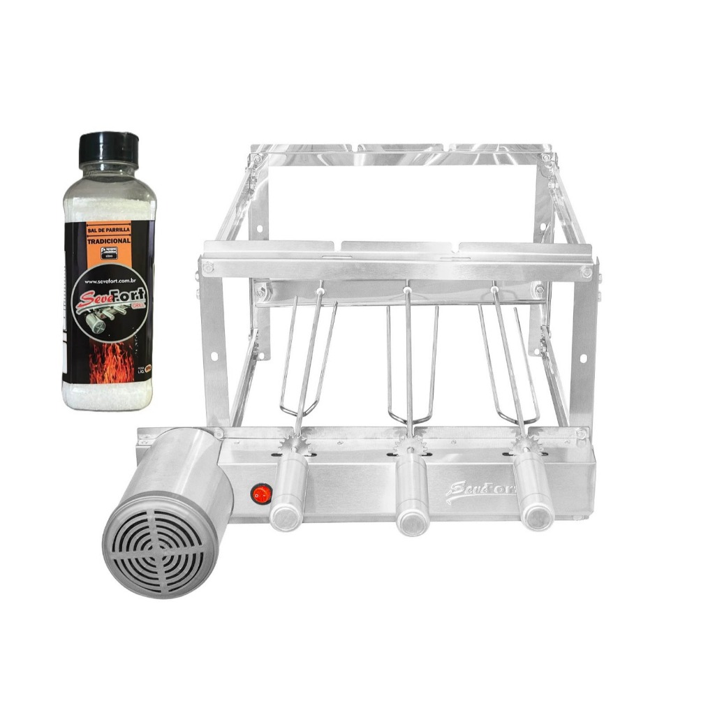 Churrasqueira gira gril inox 3 espetos + sal e brinde
