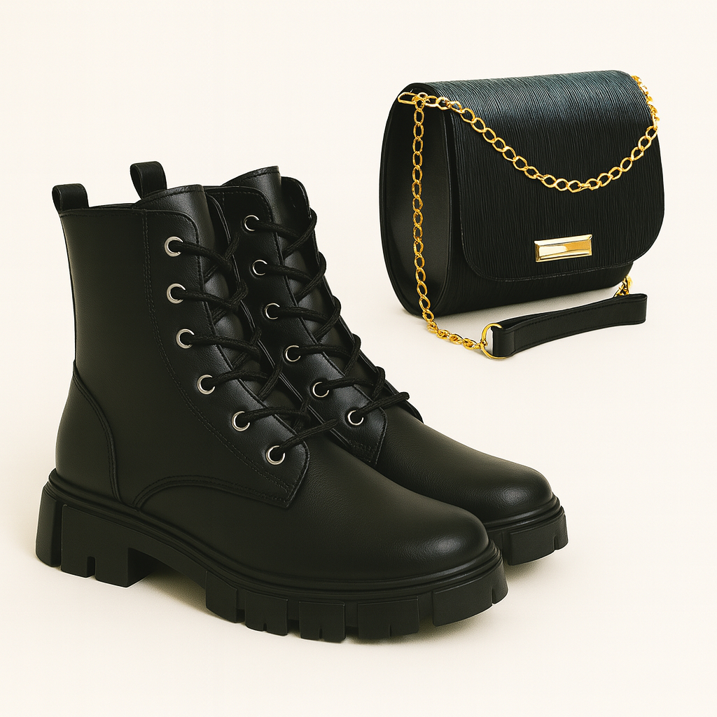 Bota Feminina Coturno Feminina Blogueira Estilo Militar Tratorada Promoção + Bolsa