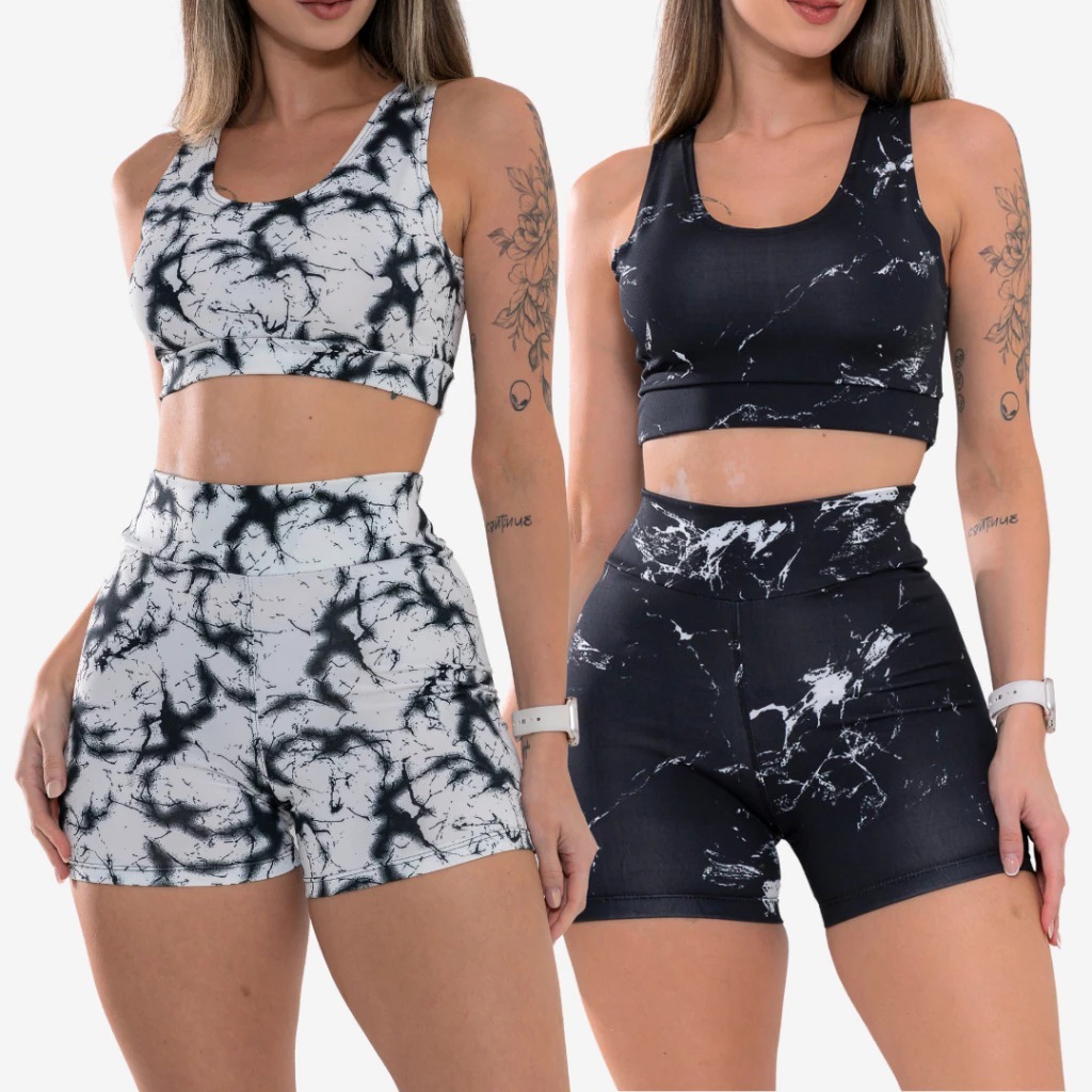 Kit 2 Conjunto Top e Short Marmorizado Tie Dye Academia Fitness Caminhada Ciclismo Ginastica
