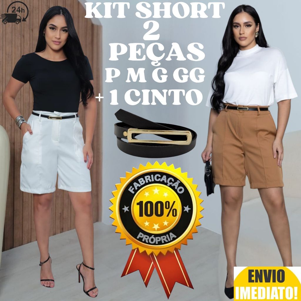 Kit 2 Short Bermudas Feminina Alfaiataria Social FORMA GRANDE ACOMPANHA CINTO em Oferta na Shopee