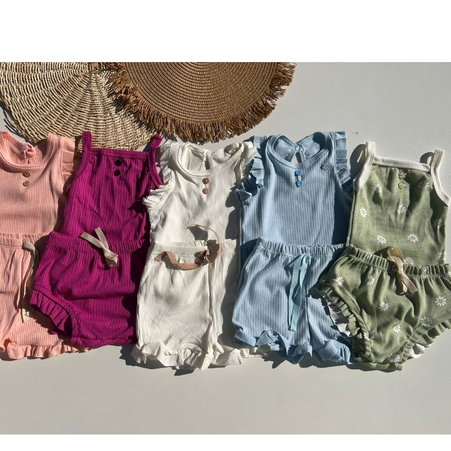 Kit 4 pecas, Conjunto VALENTINA fru fru menina bebê verão infantil bermuda e blusa ou body