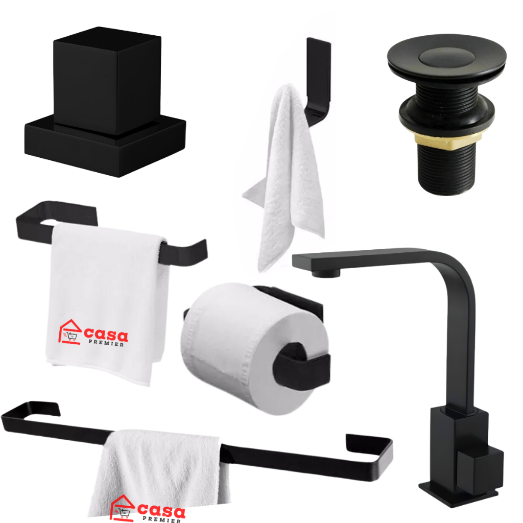 Kit Acessórios Banheiro 7 Pçs Metal Preto Fosco: Torneira Lavabo + Kit + Válvula + Acabamento Deca