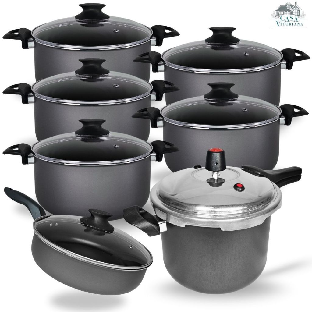 Jogo De Panelas Caçarolas 16 a 24 Frigideira Alta 24 cm e Panela de Pressão Fechamento Externo 4,5L Antiaderente Teflon