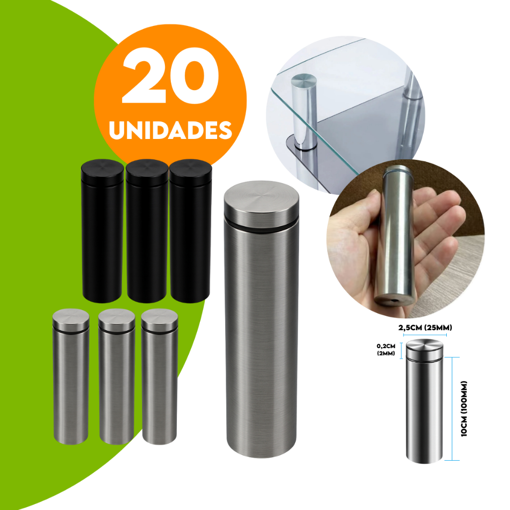 Prolongador Aço Inox Escovado Vidro Madeira 20unid 2,5X10cm