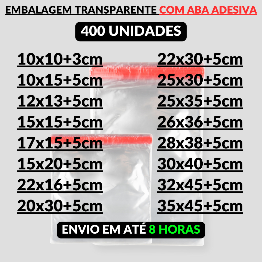 400un Saco Transparente Adesivado Plástico C/ Aba Adesiva Embalagem Qualidade Atacado Várias Medidas