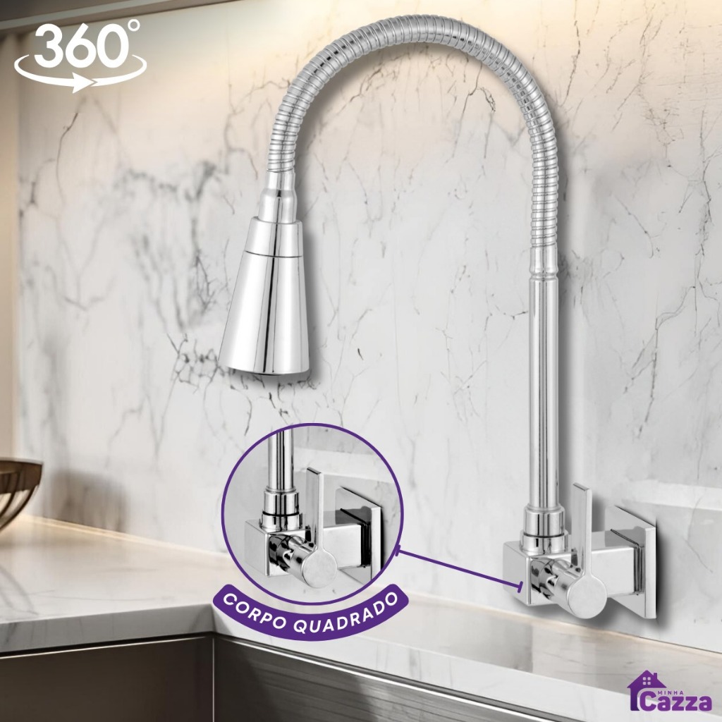 Torneira Gourmet Flexível de Parede Inox Cozinha Gourmet Chuveirinho Cozinha Parede