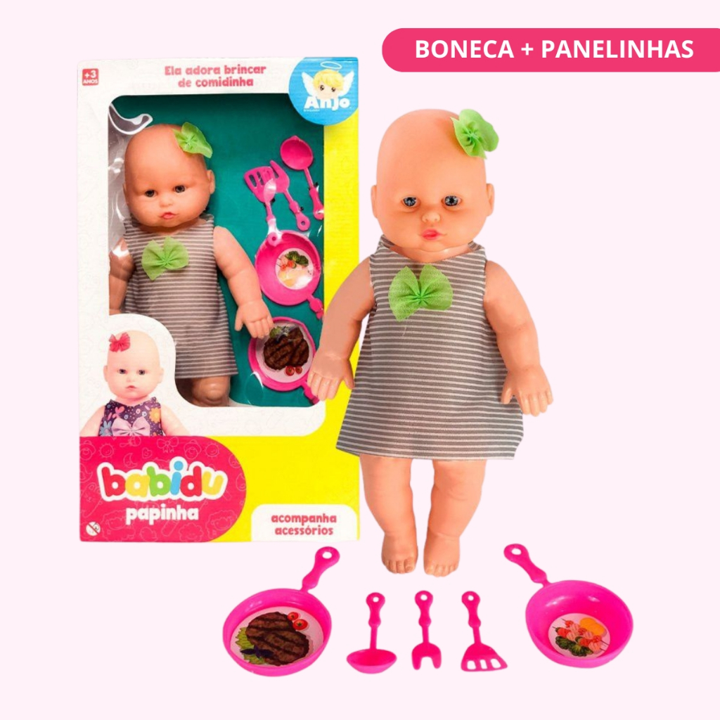 Boneca Bebê Babidu Papinha com Panelinhas Acessórios de Cozinha e Roupinha Brinquedo Menina Crianças