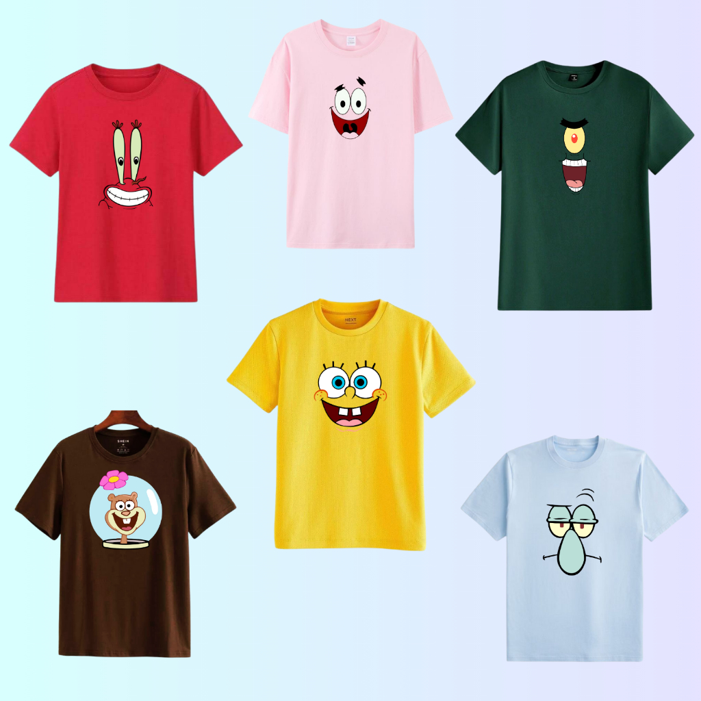 Camiseta Bob Esponja Sirigueijo Patrick Lula Molusco Plâncton Sandy Infantil Estampada Rosto Malha
