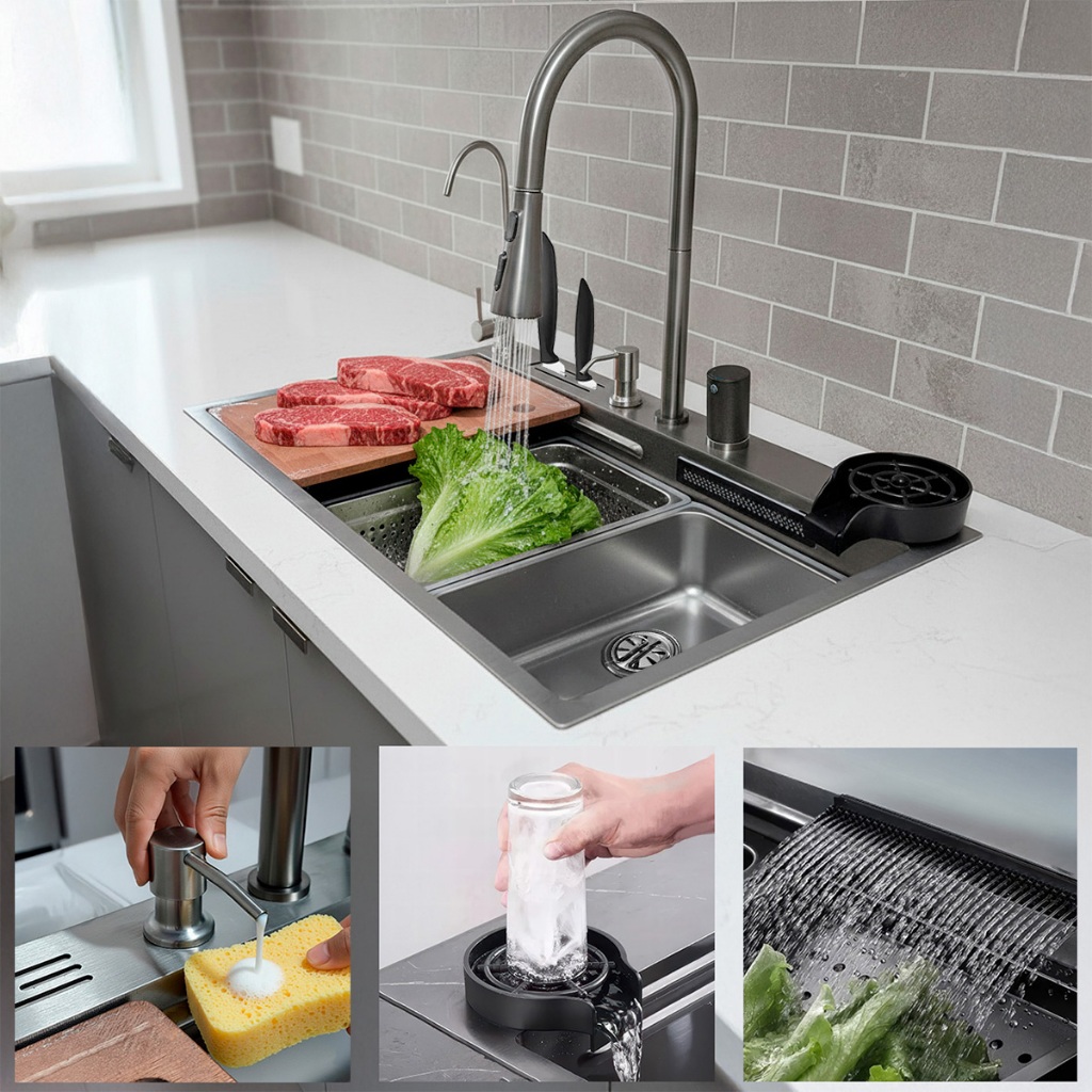 Cuba Gourmet Premium Aço Inox Multifuncional Com Cascata Lavador de Copos e Torneira Completa