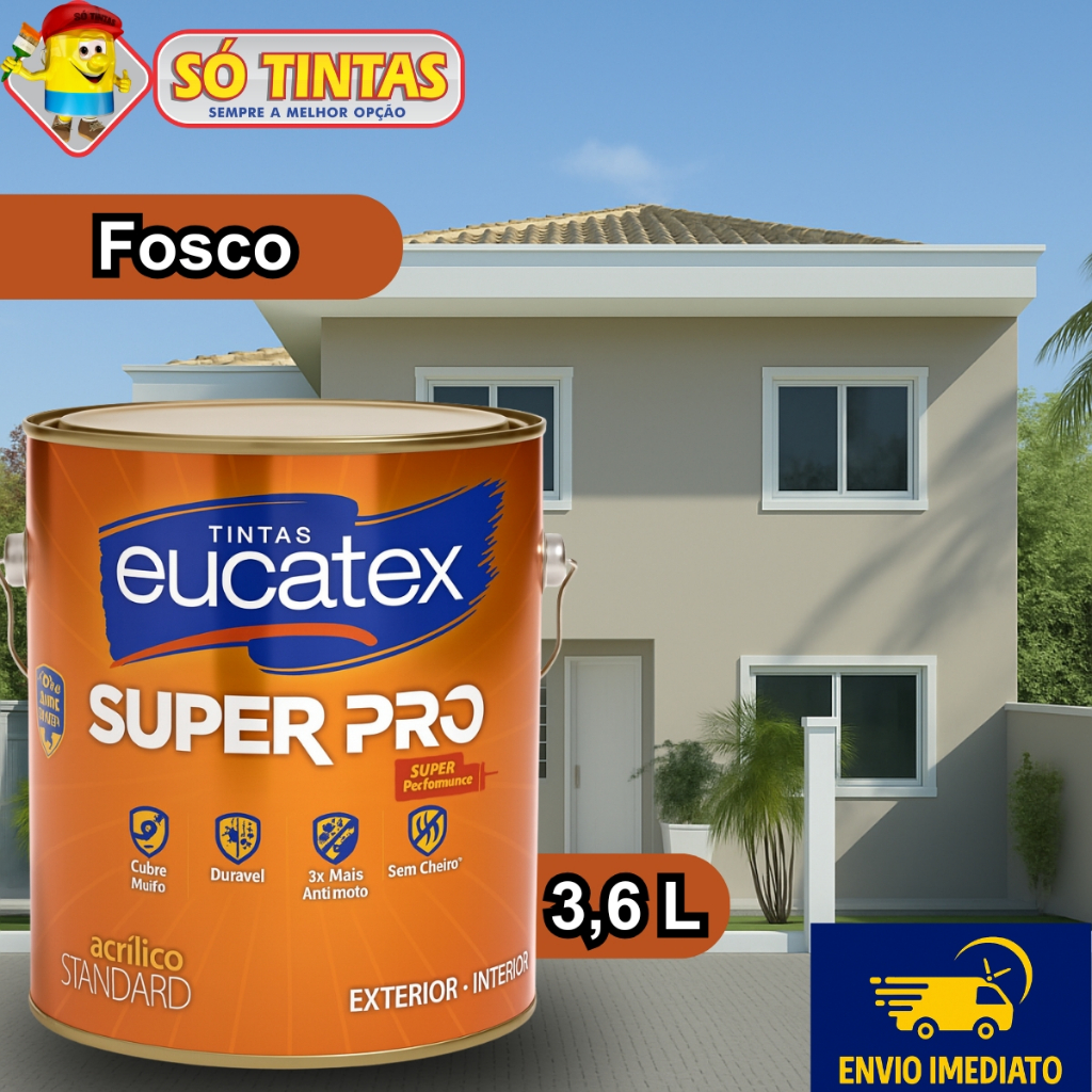 Tinta Acrílica Lavável Super Pró Fosco 3,6 Litros Eucatex, Interna e Externa, Antimofo, Várias Cores em Oferta na Shopee