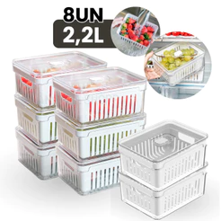 Kit 8un Organizador de Geladeira 2,2 Litros Ou Clear Fresh para Alimentos Vegetais Cozinha Frutas