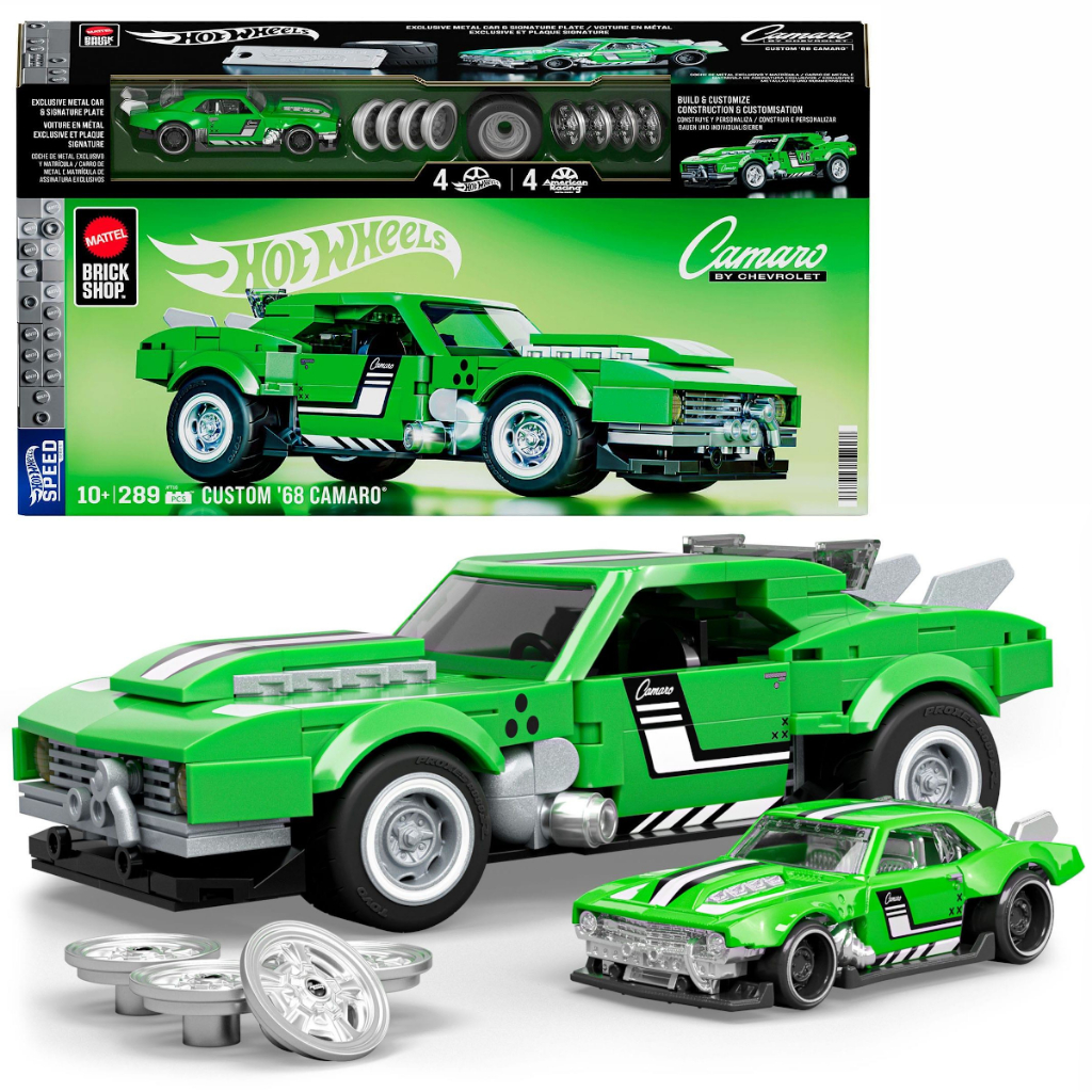 Carrinho Miniatura Hot Wheels Mattel Brick Shop Brinquedo Montar Peças Pecinhas Blocos Chevy Camaro Dia das Crianças