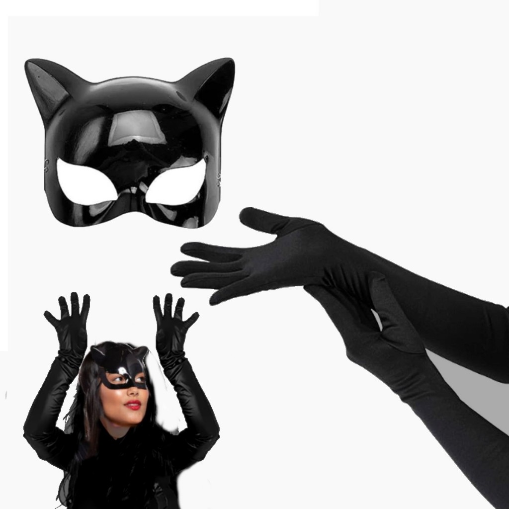 Fantasia Mulher Gato Luva e Máscara Halloween Festa Carnaval Feminino Adulto Infantil Cosplay Preta