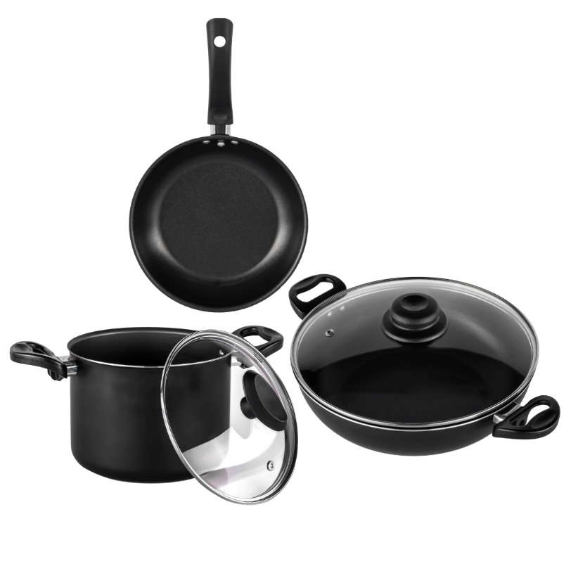 Kit Caldeirão Panela Antiaderente Wok Frigideira 3 Peças Tampa de Vidro em Oferta na Shopee