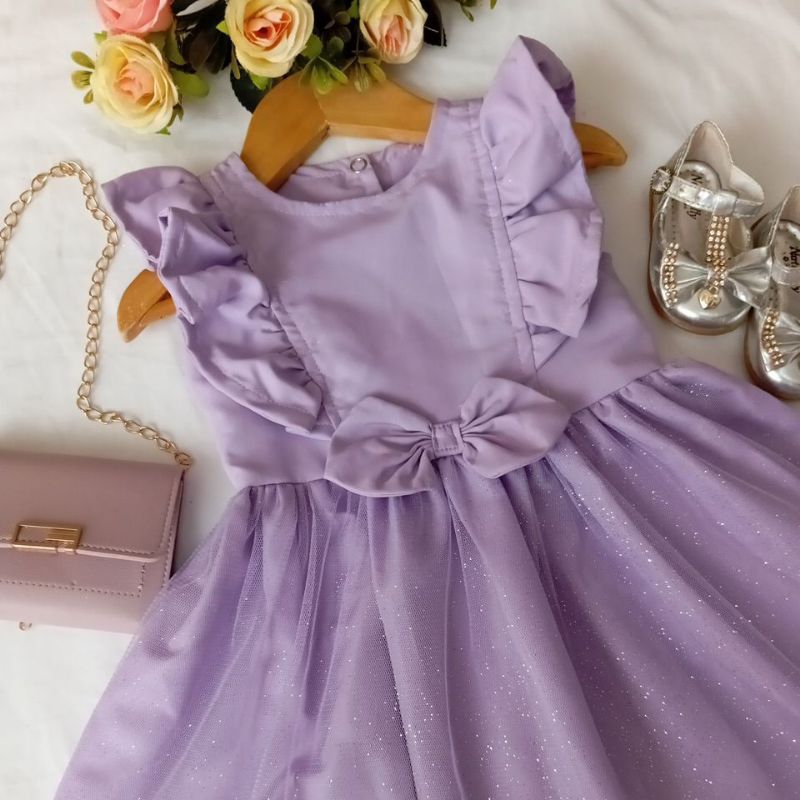 vestido infantil babado lilás com tule em Oferta na Shopee
