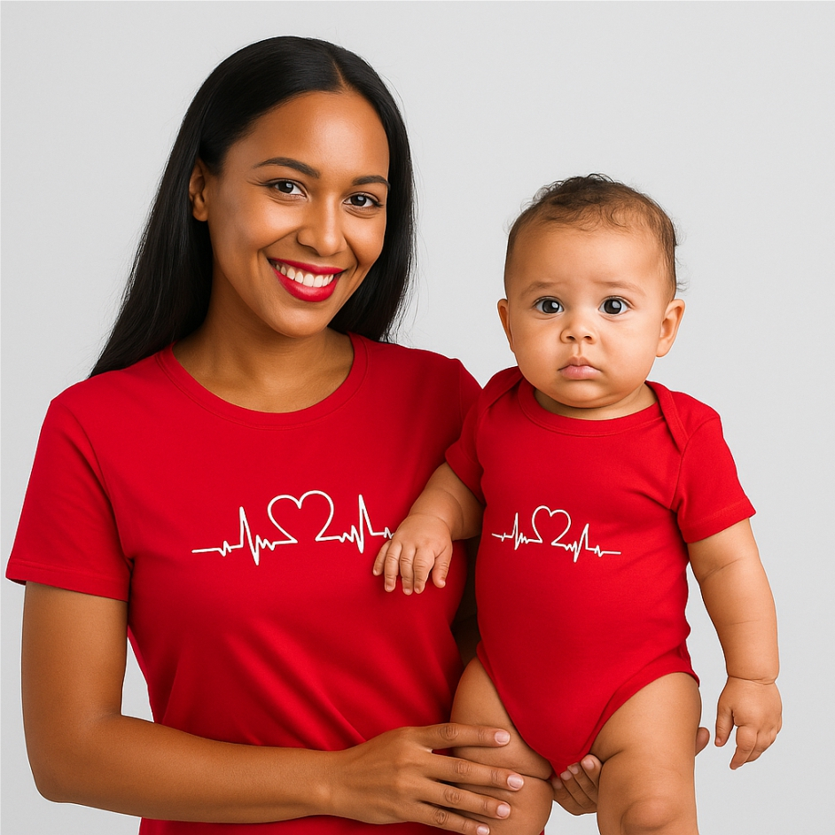 Tal mãe tal filho filha camiseta blusa iguais body coração eletro batimentos