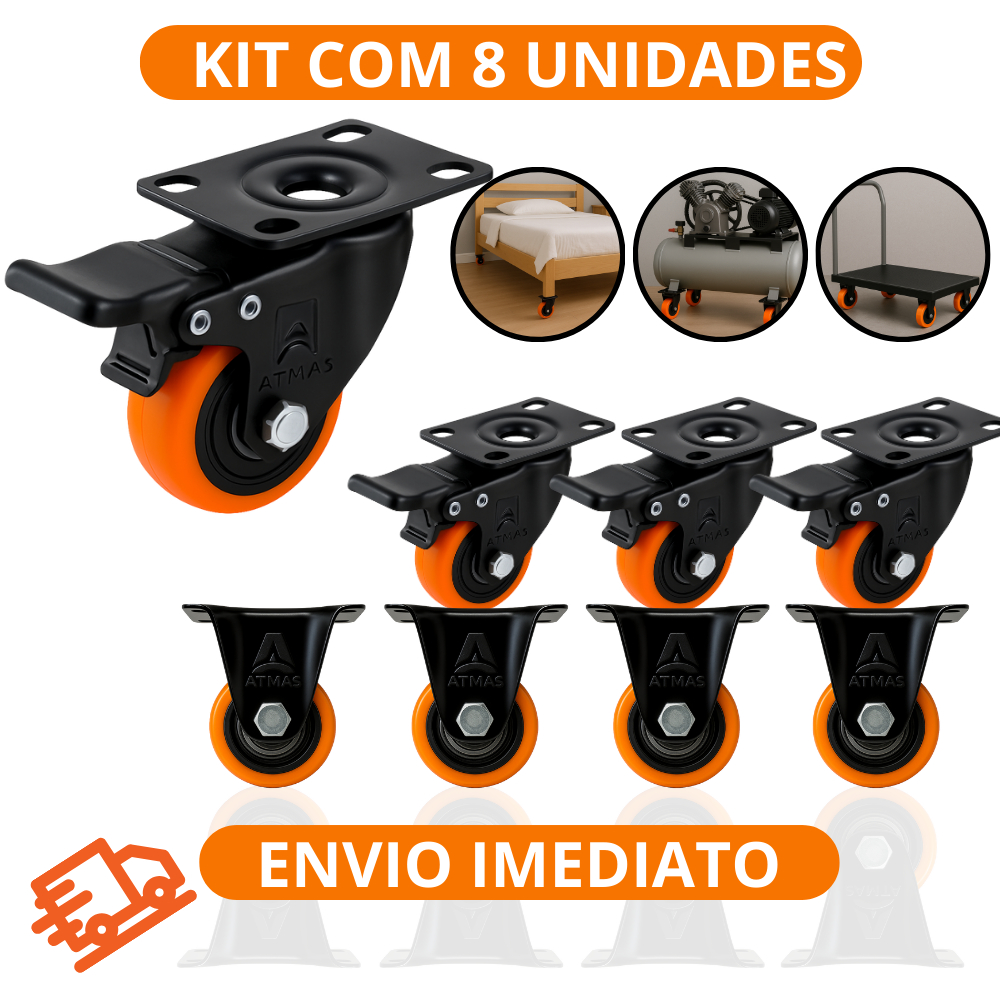 Kit Roda Rodinhas Rodízio Giratório 2" Polegadas Com Freio E Fixas 100kg 50mm Para Móveis E Máquinas