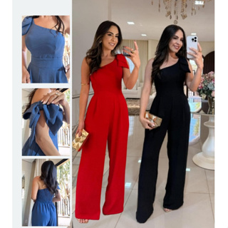 Macacão Longo Pantalona Feminino acimetrico com Laço elastex nas Costas bolsos laterais em Oferta na Shopee