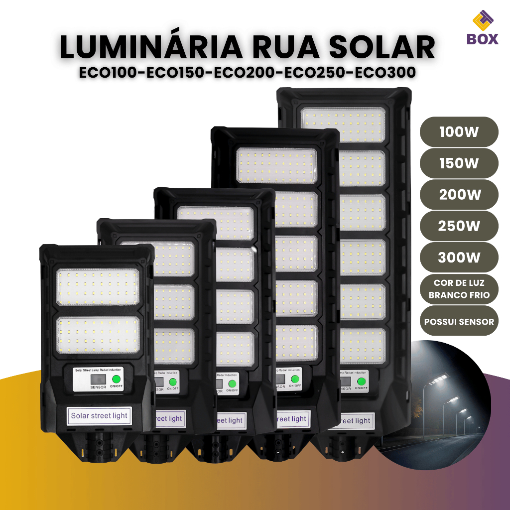Luminária Pública Poste Rua Solar Led 100w/150w/200w/250w/300w C/ Sensor ECO