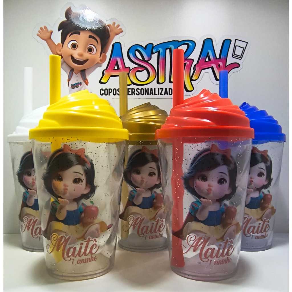KIT COPO TWISTER PERSONALIZADO 300ML BRANCA DE NEVE BABY (TAMPA CHANTILLY) em Oferta na Shopee