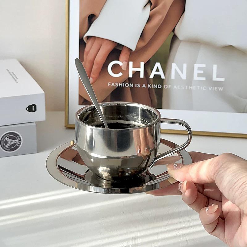 Xícara de Aço Inoxidável 304 Parede Dupla Não Tóxico 200ML com Pires e Colher Caneca Café Chá