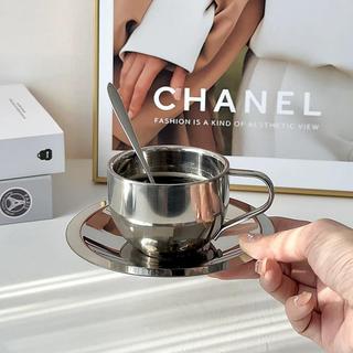 Xícara de Aço Inoxidável 304 Parede Dupla Não Tóxico 200ML com Pires e Colher Caneca Café Chá