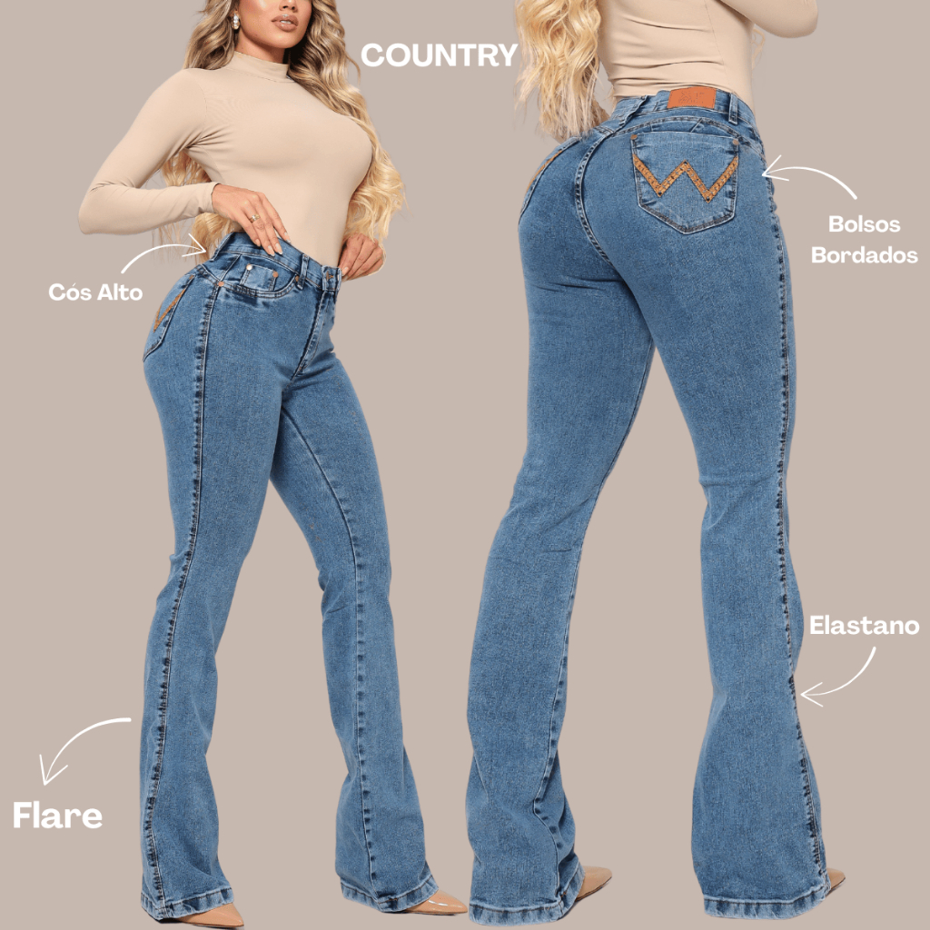 FLARE COUNTRY CALÇA FEMININA JEANS COM ELASTANO CINTURA ALTA PREMIUM em Oferta na Shopee