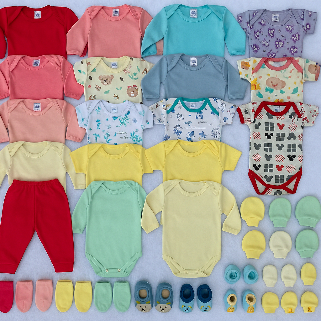 Kit 24 peças Enxoval Bebê Body Calça Touca Meias Completo Algodão