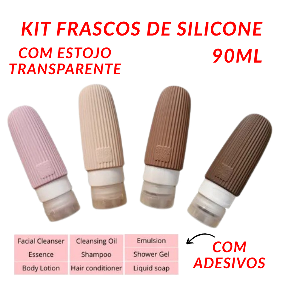 Kit Frascos Dispenser 90ML De Silicone Para Viagens Armazenar Cosmeticos Com Estojo Transparente