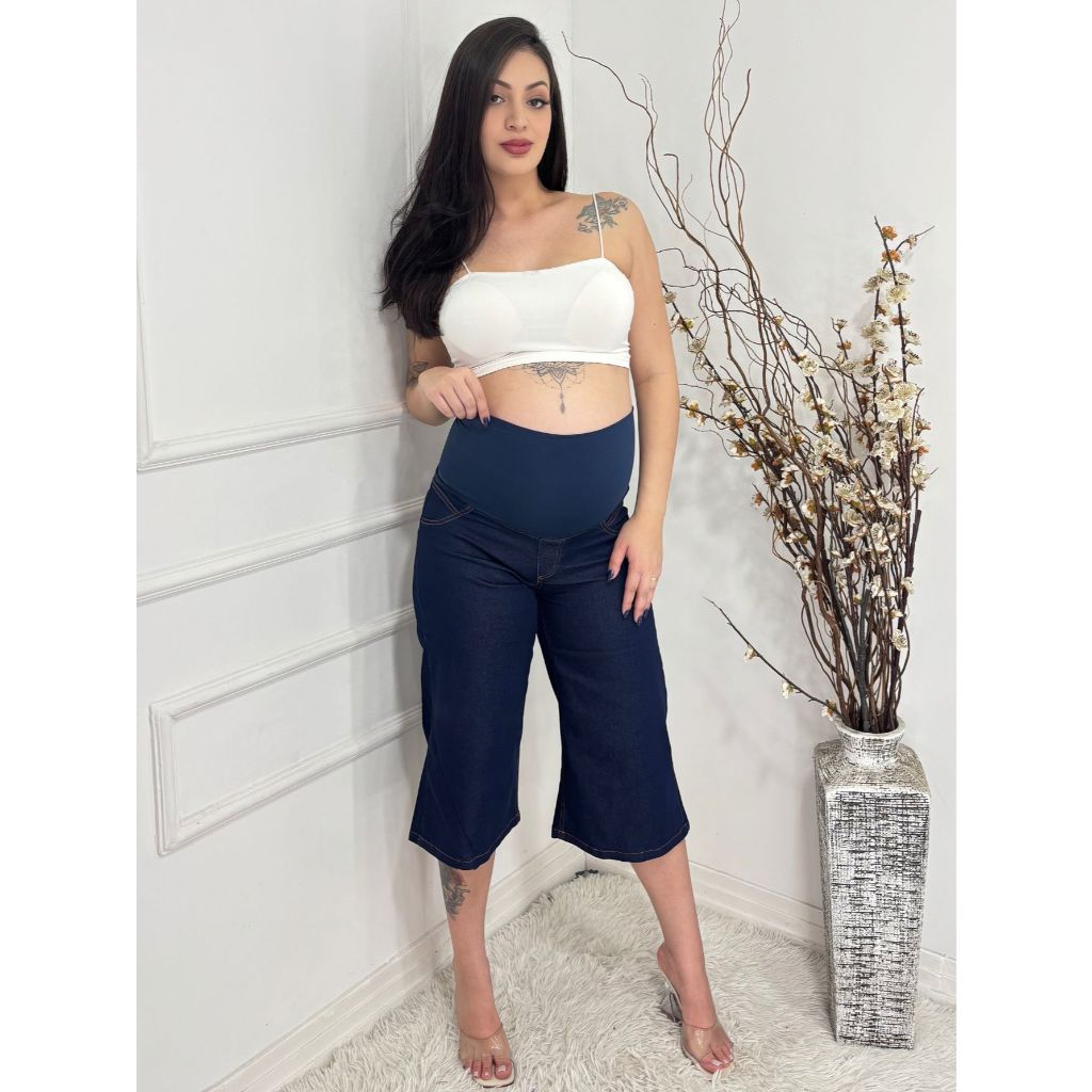 Calça Gestante Pantacourt Jeans Grávida Cós Alto Confortável em Oferta na Shopee